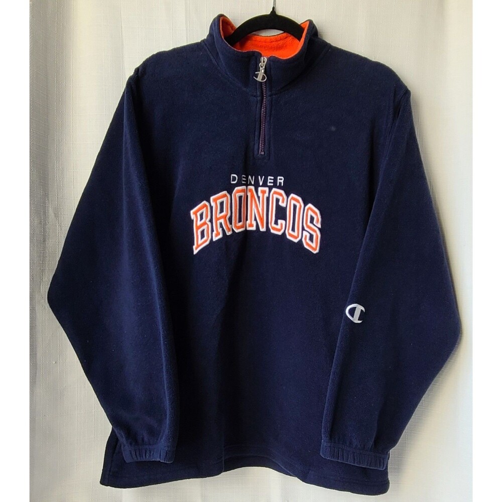 Vintage Champion Denver Broncos NFL Fleece Pullover 1/4 Zip Navy Orange Large
